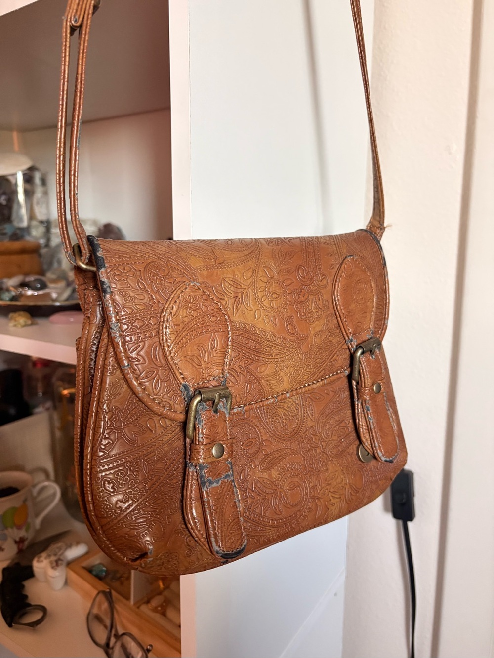 Hand-Tooled Leather Crossbody Bag - Brown